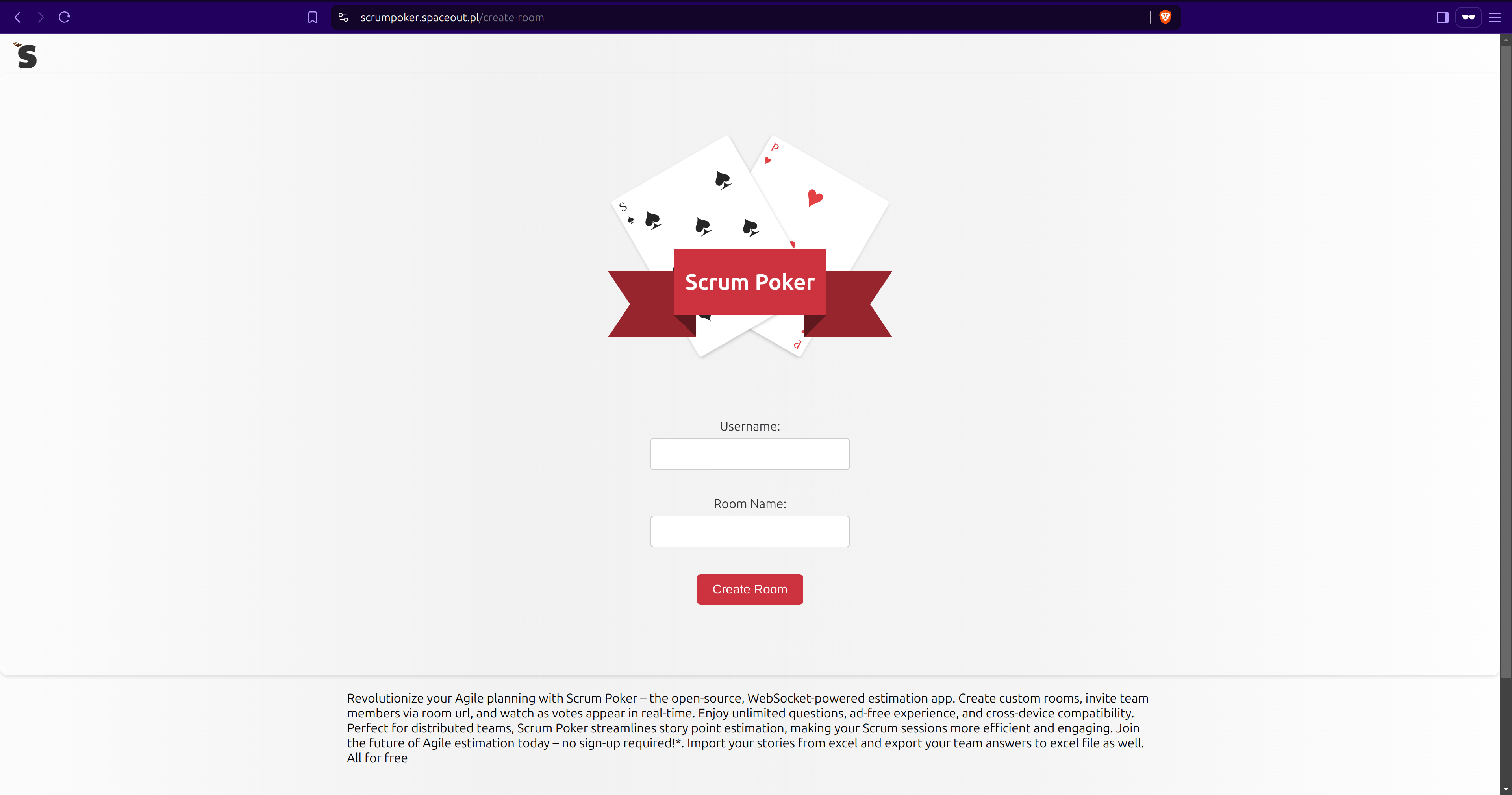 Scrum Poker app main screen
